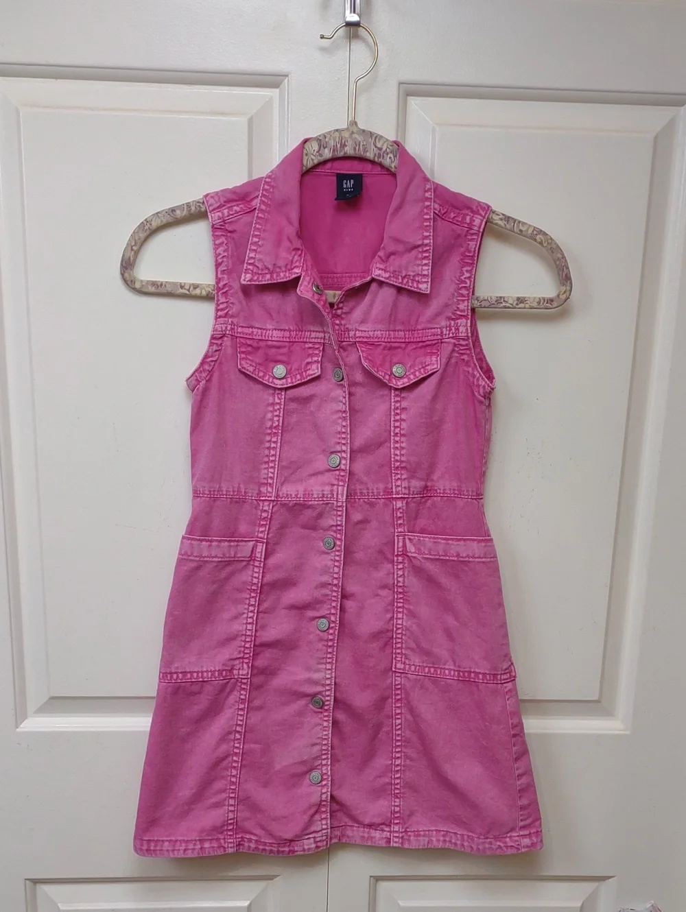 Gap Kids Phoebe Pink Washed Faded Denim Snap Front Sleeveless Dress
